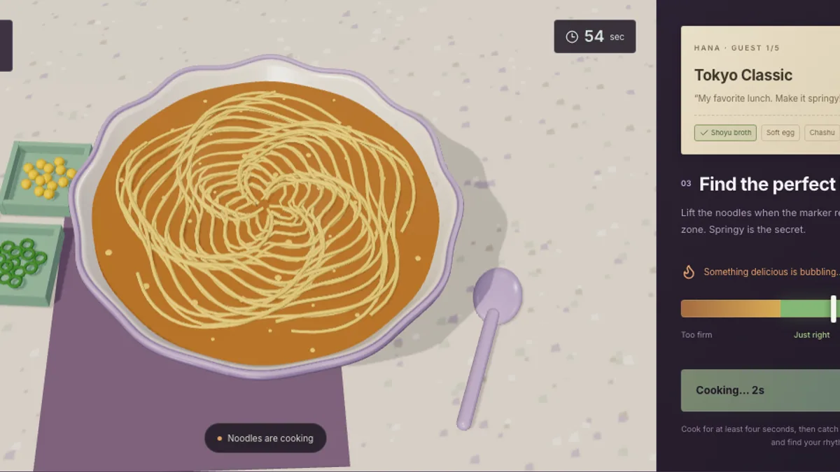 Japanese Ramen Simulator noodle cooking screen with a green timing zone