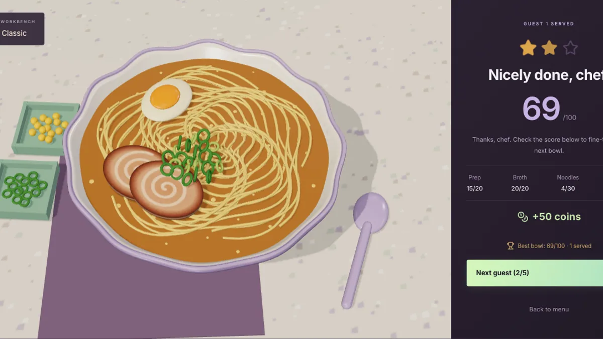 Japanese Ramen Simulator result screen with bowl score and coin rewards