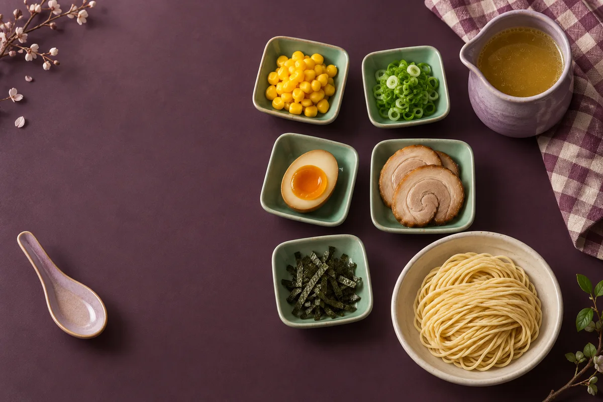 Ramen ingredients arranged in jade dishes: corn, scallions, egg, chashu, nori, noodles, and a lavender broth pitcher